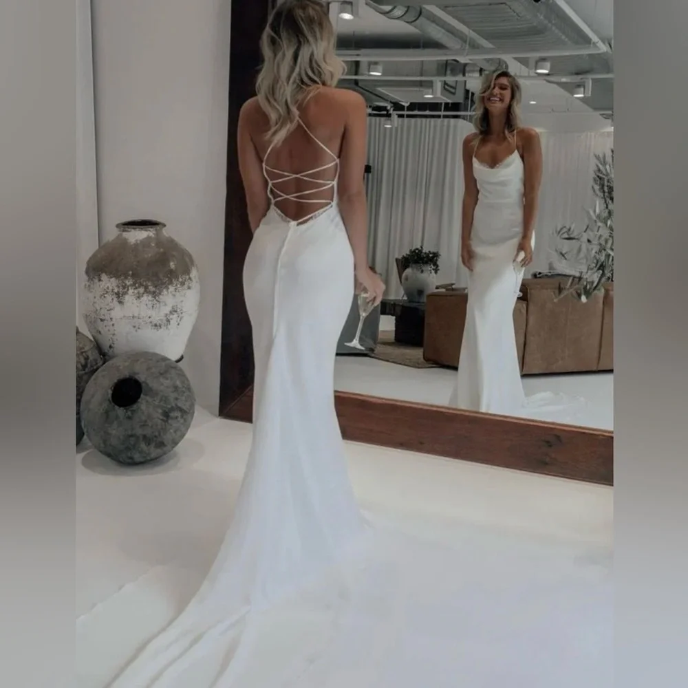 Cordelia Mermaid Satin White Spaghetti~Strap Wedding Gown With Lace~Up Back - Picture 2 of 3